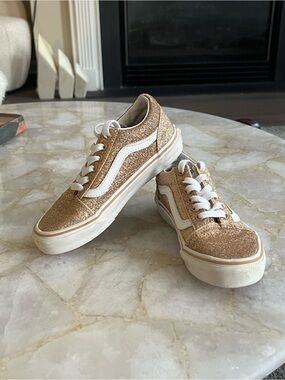 Vans Girl’s Gold Glitter Low-Top Sneakers with White Stripe 13.5